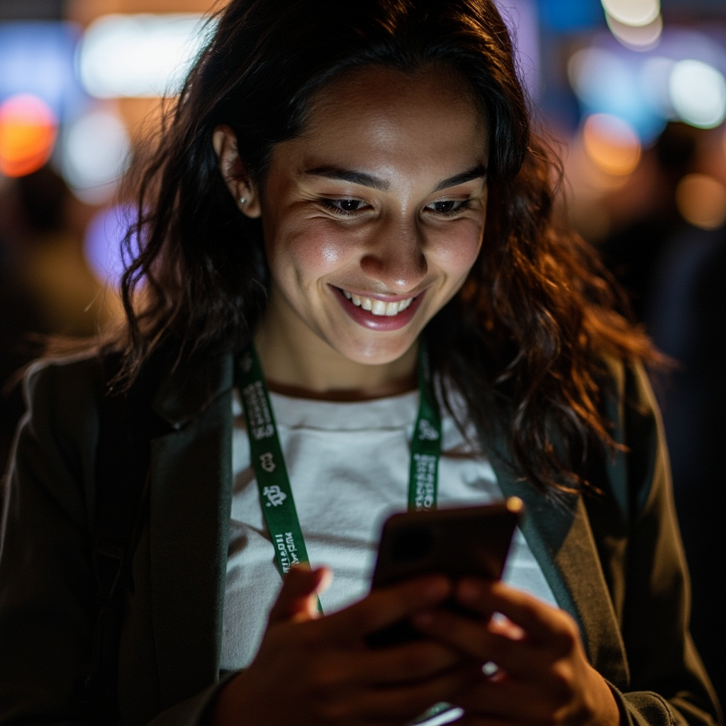 A happy-looking woman looks at a smartphone.