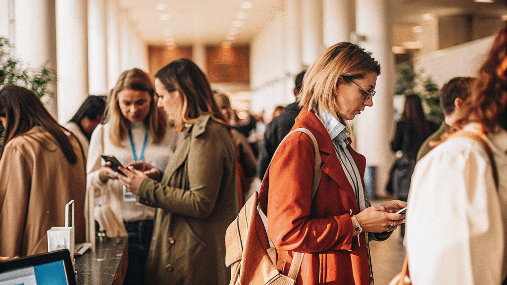 Busy B2B conference hall scene, some attendees interacting with their phones displaying FAQs, bright ambient lighting. Minimalist design with blue and white colors.