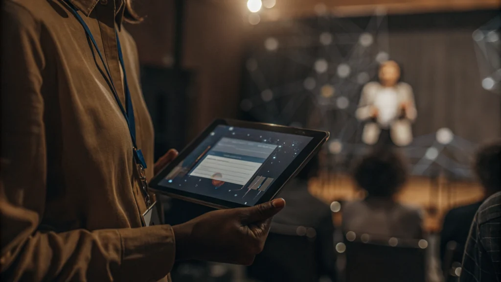 Sleek AI chatbot interface displayed on a tablet held by a person identifiable as an event communications assistant (perhaps wearing a badge). In the blurred background, a conference stage setup suggests a last-minute speaker change discussion. Soft, professional indoor lighting. Subtle digital network graphics overlay the scene. Styled modern minimalist with blues, whites, and a touch of warm accent color.