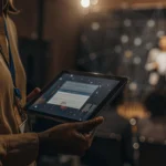 Sleek AI chatbot interface displayed on a tablet held by a person identifiable as an event communications assistant (perhaps wearing a badge). In the blurred background, a conference stage setup suggests a last-minute speaker change discussion. Soft, professional indoor lighting. Subtle digital network graphics overlay the scene. Styled modern minimalist with blues, whites, and a touch of warm accent color.