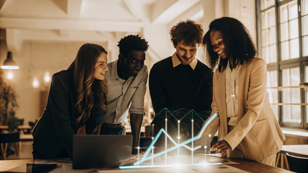 Diverse team of SME employees collaborating around a futuristic holographic interface displaying AI process charts in a modern office environment, discussing ai change management strategies. Bright, optimistic lighting. Scene includes subtle elements like growing plant symbols and upward trending graphs. Styled minimalist corporate design with blue and green accents. (Specify text elements in English if needed)