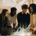 Diverse team of SME employees collaborating around a futuristic holographic interface displaying AI process charts in a modern office environment, discussing ai change management strategies. Bright, optimistic lighting. Scene includes subtle elements like growing plant symbols and upward trending graphs. Styled minimalist corporate design with blue and green accents. (Specify text elements in English if needed)