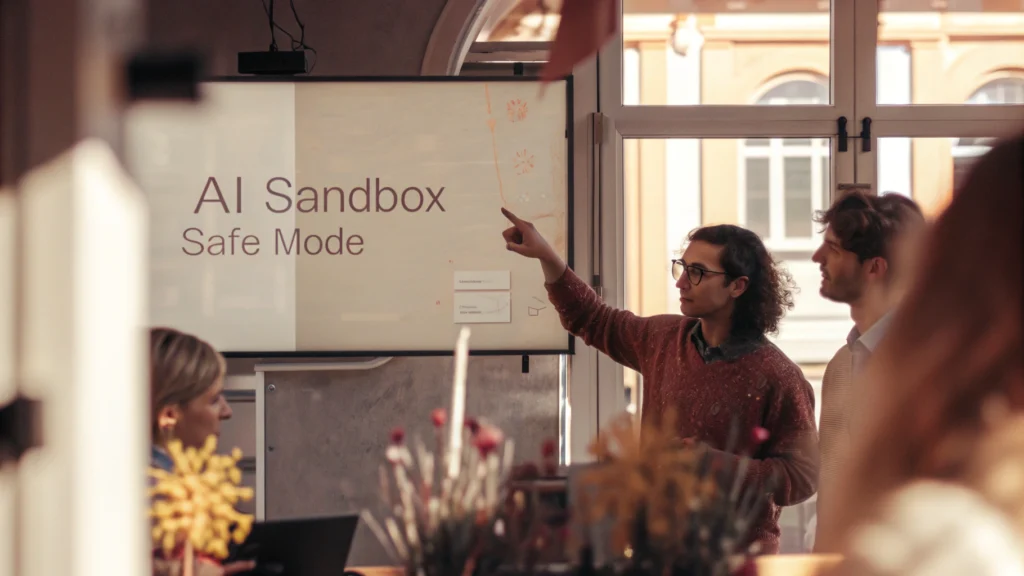 Diverse SME employees in a bright, modern European office collaboratively exploring a user-friendly AI dashboard on a large screen. One points to insights, others look engaged. Scene includes whiteboards with flowcharts and plants. Bright, natural lighting. Clean, modern design style with blues, greens, whites, and optimistic yellow accents. Text element on screen: 'AI Sandbox - Safe Mode' in English.