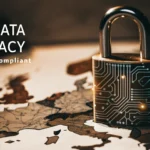 A stylized padlock with an integrated AI circuit pattern glowing softly, superimposed over a map of Europe with highlighted small business icons. Secure, digital environment with data streams flowing around the padlock. Lighting is focused on the padlock, creating a sense of importance and security. Scene-enhancing details include subtle GDPR text elements in the background. Styled with a modern, clean design, using a color palette of blues, silver, and white. (Text elements: 'AI Data Privacy', 'GDPR Compliant' in English)