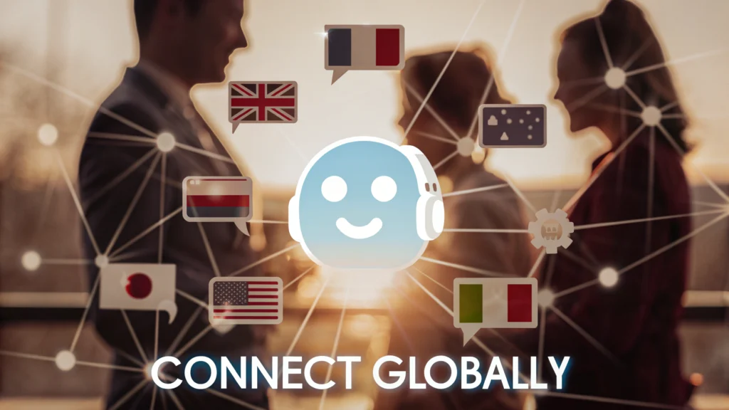 Friendly AI chatbot avatar at the center, surrounded by diverse speech bubbles in various abstract language scripts, connecting to a stylized, glowing globe. Small, diverse business people silhouettes interacting positively around the globe. Bright, optimistic lighting. Scene-enhancing details include subtle network lines and tiny, abstract flag icons. Modern flat design with a palette of blues, teals, and a touch of warm yellow. If text is used, include 'Connect Globally' in English, subtly integrated.