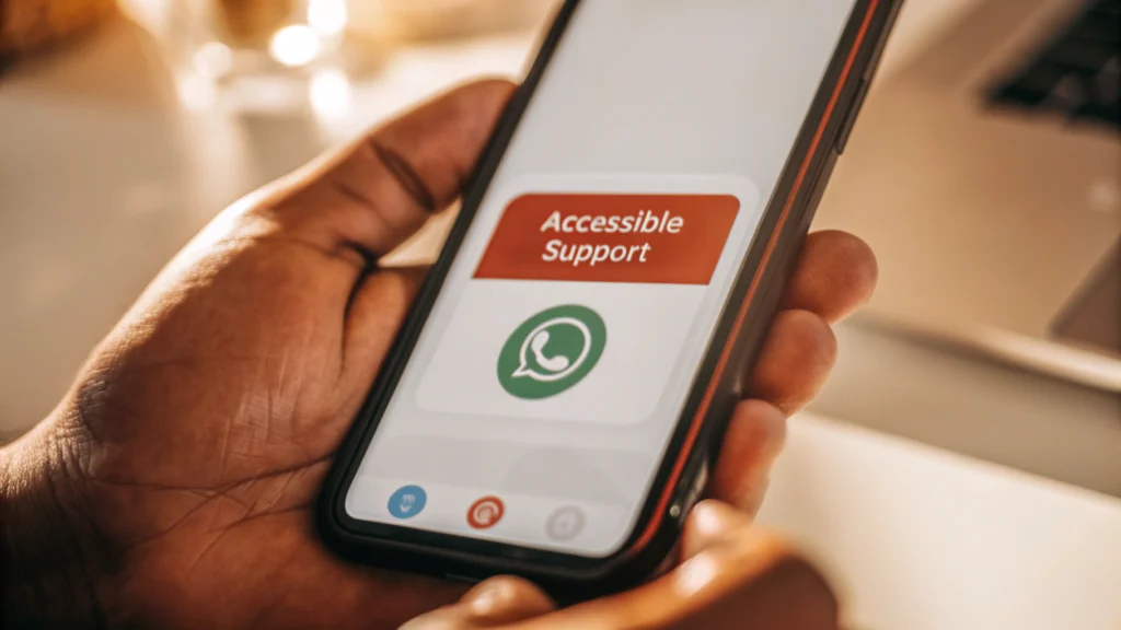 A friendly AI chatbot icon integrated seamlessly within the WhatsApp interface on a smartphone screen, held by a person with a visible accessibility need (e.g., using screen reader gesture, prosthetic hand). The background is a clean, modern, slightly blurred European SME office setting suggesting efficiency. Bright, optimistic lighting. Details include subtle network/connection graphics emanating from the phone. Flat design style with WhatsApp green, accessible blue, and neutral grey/white colors. Text 'Accessible Support' visible near the chatbot icon in English.
