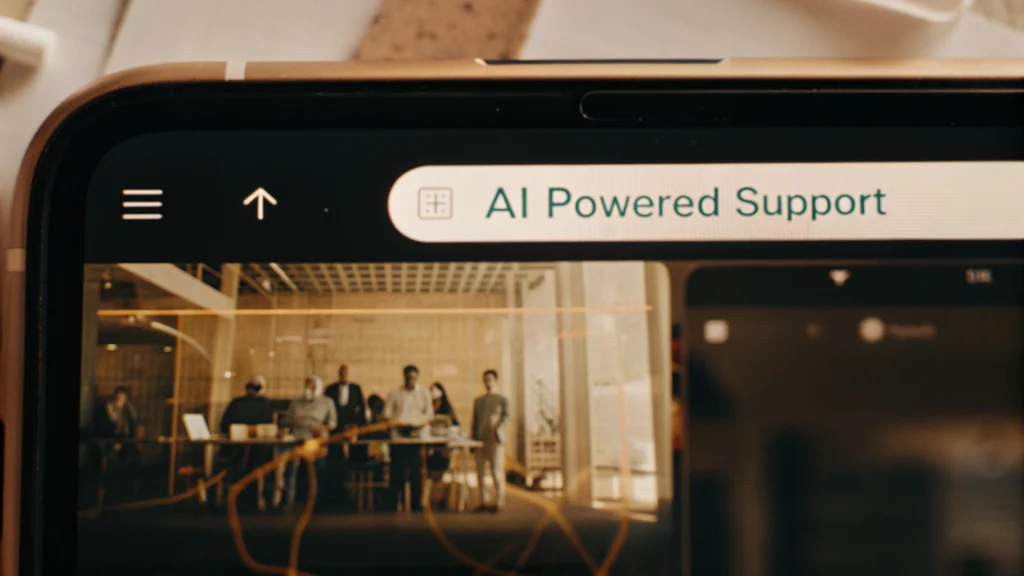 Smartphone screen showcasing a sophisticated WhatsApp Chatbot interaction, highlighting AI capabilities with smart reply suggestions. In the background, a diverse team of European SME employees looking engaged in a bright, modern co-working space. Subtle data visualization elements and network lines suggest connectivity and growth. Lighting is optimistic and professional. Styled with a sleek, contemporary design using a palette of blues, teals, and a vibrant orange accent. Text on phone screen: 'AI Powered Support' in English.