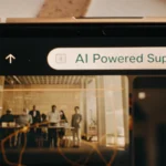 Smartphone screen showcasing a sophisticated WhatsApp Chatbot interaction, highlighting AI capabilities with smart reply suggestions. In the background, a diverse team of European SME employees looking engaged in a bright, modern co-working space. Subtle data visualization elements and network lines suggest connectivity and growth. Lighting is optimistic and professional. Styled with a sleek, contemporary design using a palette of blues, teals, and a vibrant orange accent. Text on phone screen: 'AI Powered Support' in English.